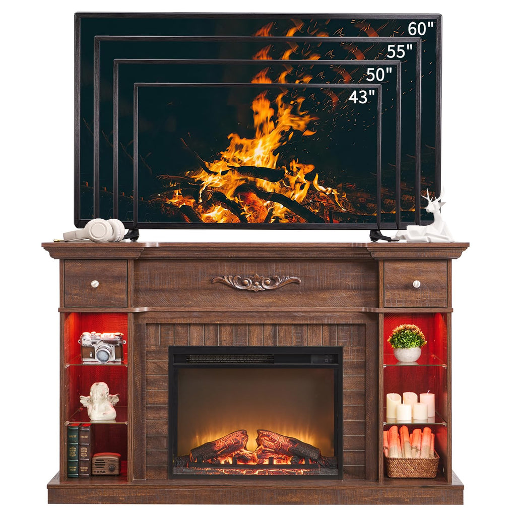 54" Farmhouse Electric for 60 Inch TV, 33" Tall LED Entertainment Center w/7 Color, Open Adjustable Shelves &
