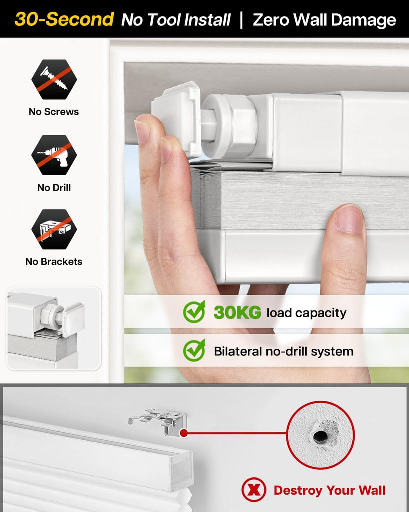 No Drill Blackout Cellular Shades, White | No Tools Cordless Honeycomb Blinds Thermal Insulated, Noise Reducing