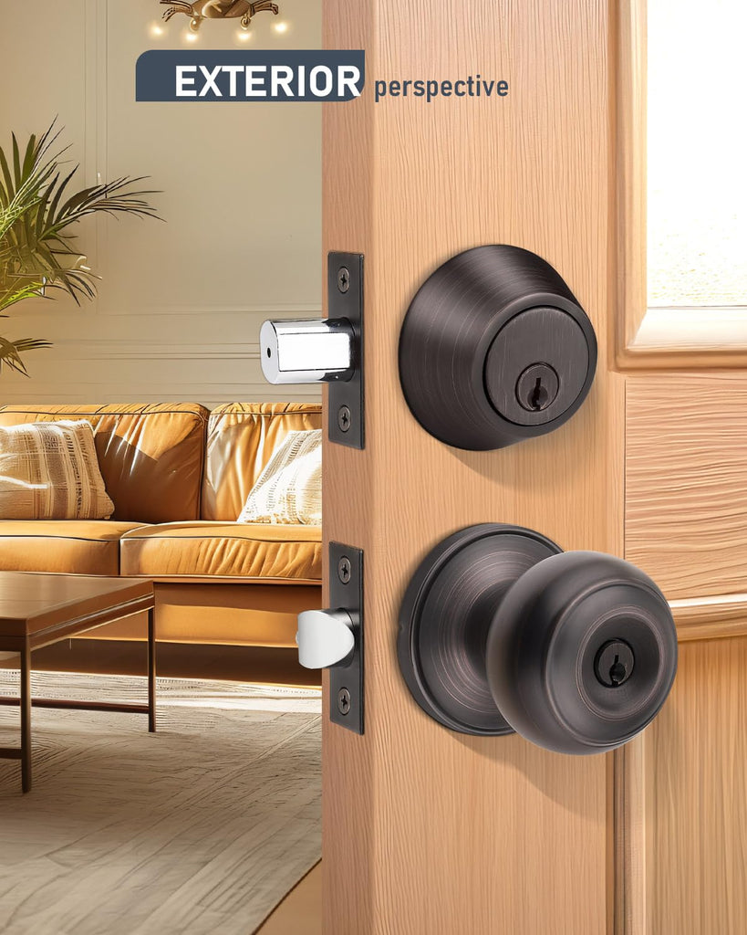 3 Pack Keyed Alike Front Door Knob and Deadbolt Set, Entry Door Locksets with Single Cylinder Deadbolt, Oil Rubbed
