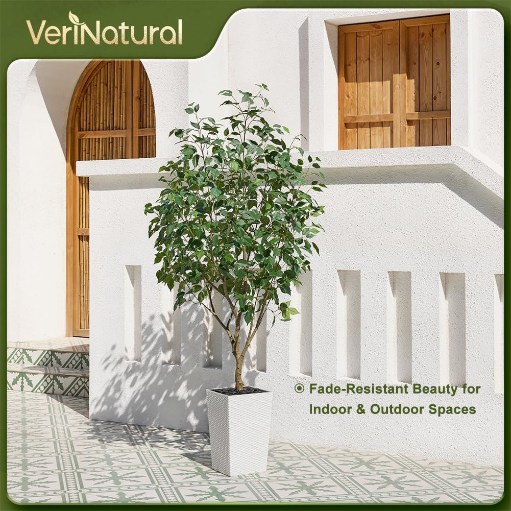 6FT Artificial Ficus Tree with White Taper Planter & Pebbles- Tall Faux Trees with UV Resistant Silk Leaves Outdoor