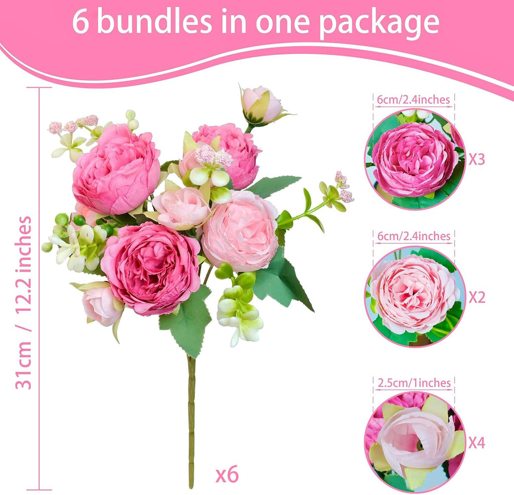 Peonies Artificial Flowers, Pink Flowers for Centerpieces - Set of 6