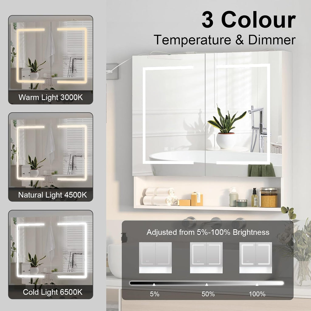 Lighted Medicine Cabinet with 2 Doors,Large Led Medicine Cabinet with Mirror,Anti-Fog, Wall-Mounted Bathroom Mirror