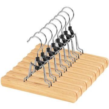 12 Pack Natural Wooden Pants Hangers with Clips Non Slip Skirt Hangers Trouser Clamp Hanger Solid Wood Hanger with