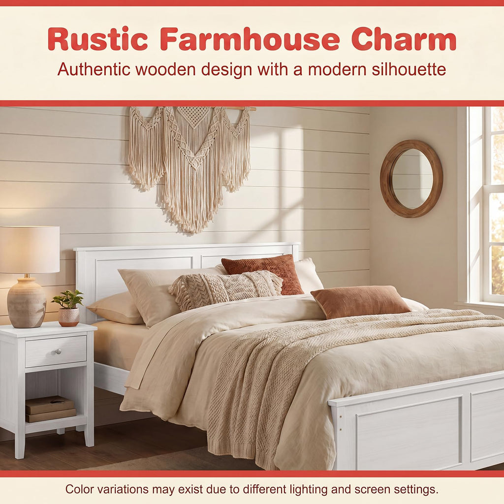 Queen Bed Frame, Farmhouse Wooden Platform Bed with Headboard