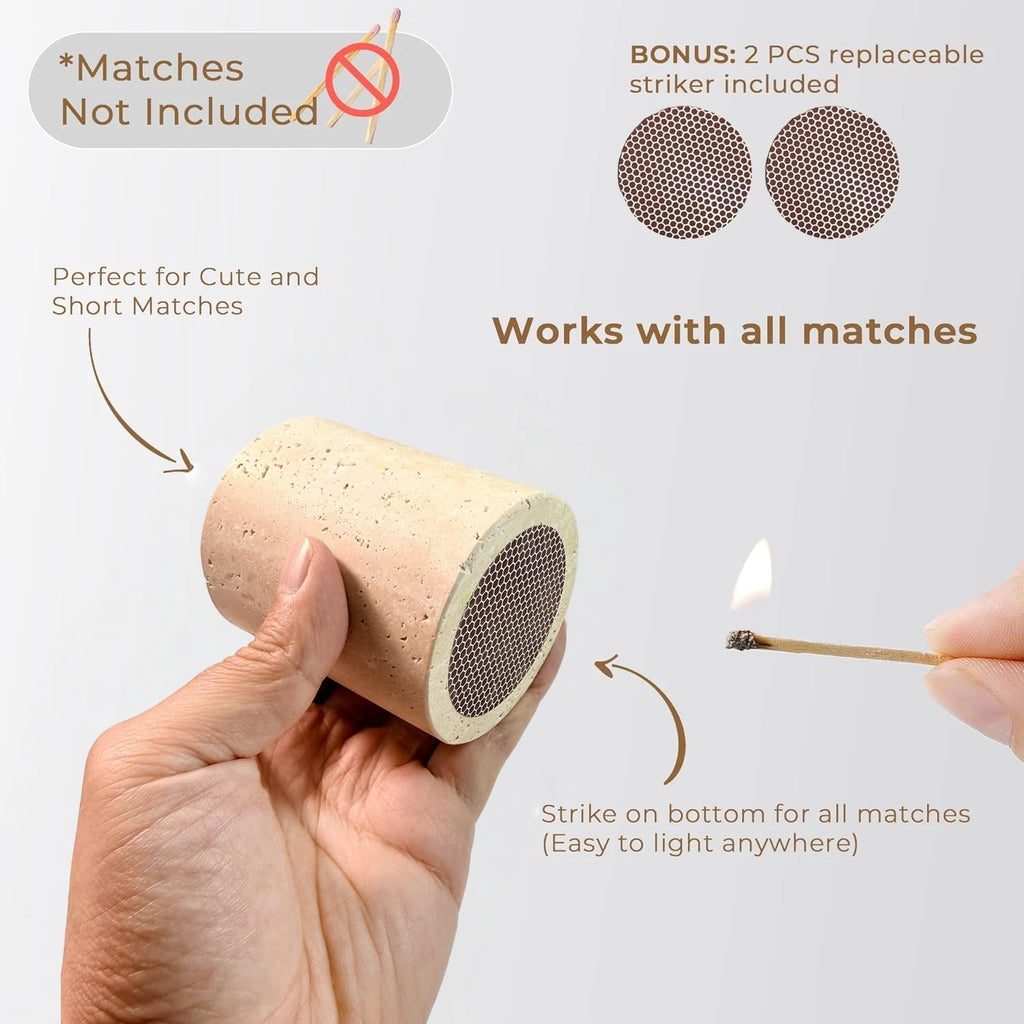 Match Holder with Striker Travertine Match Jar Decorative 2.5" x 3" Matchstick Organizer for Fireplace, Candles - Set of 3