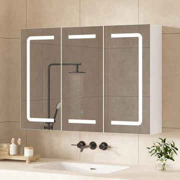 Medicine Cabinet Organizer with Mirror, Lighted Bathroom Medicine Cabinet with Storage, 3 Doors Bathroom Wall Cabinet