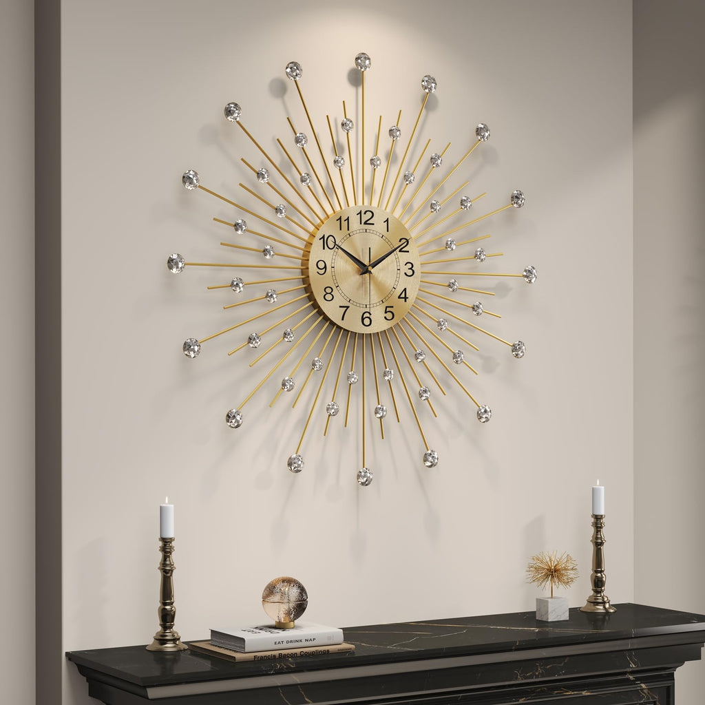 30 Inch Gold Wall Clock Mid Century Modern Crystal Sunburst Clock