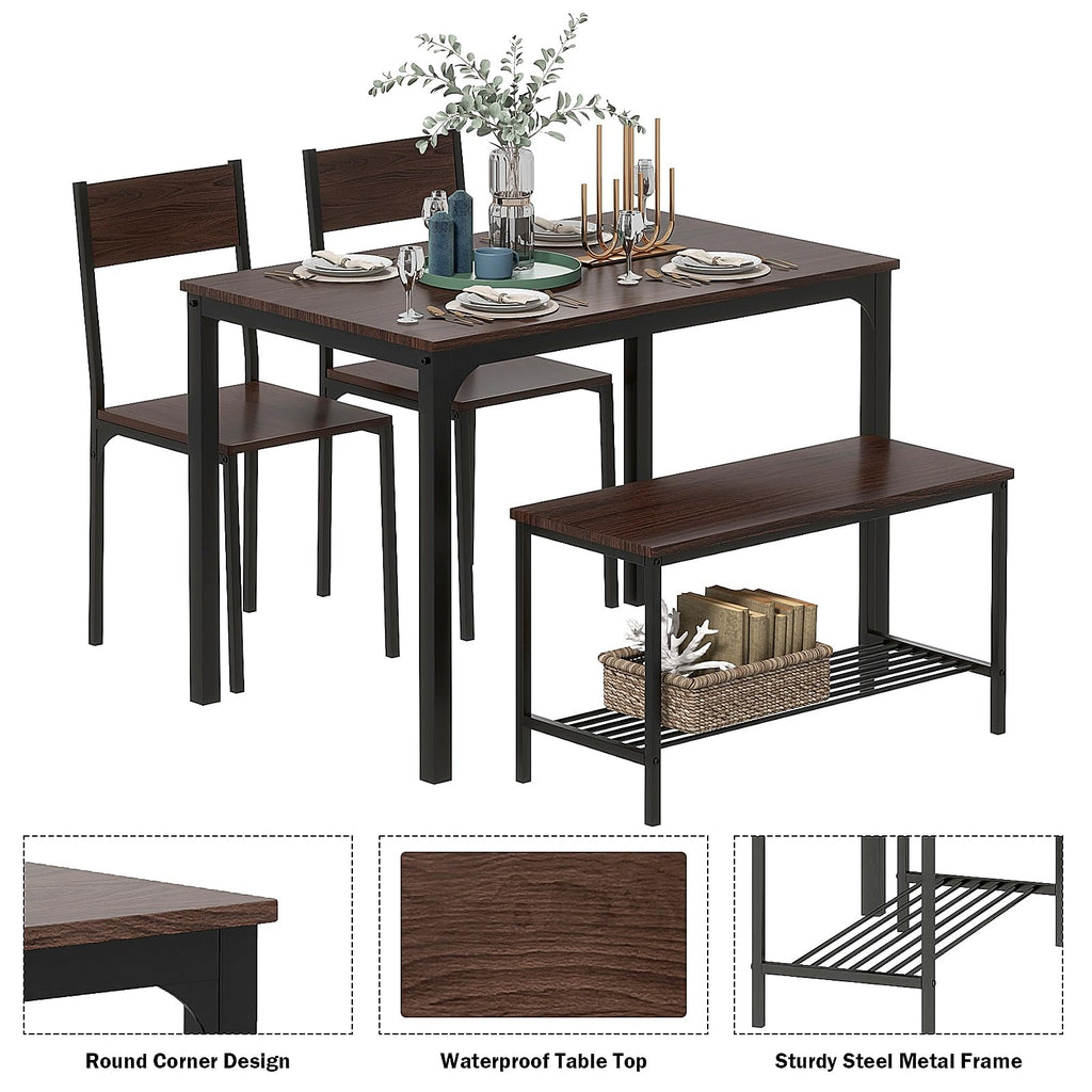 Table Chairs Set of 4, Dining Table Set for 4 with Bench and Chairs, 4 Pieces Kitchen Table Set with Storage Rack &