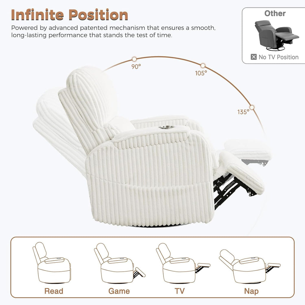 Power Nursery Recliner,26''Swivel Rocker Recliner,Adjustable Headrest,White | Extra Wide Recliner , Oversized