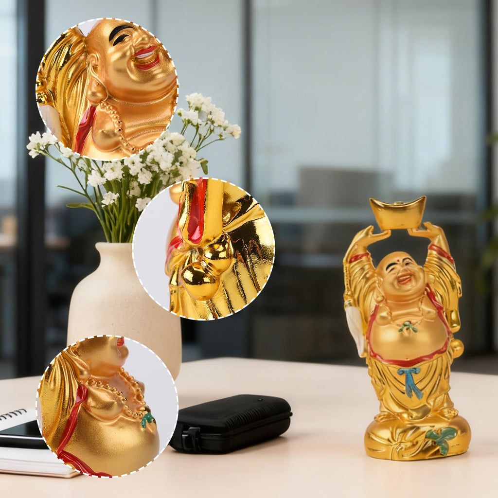 Resin Feng Shui Golden Laughing Buddha Holding Ingot Statue 4.7in(H)