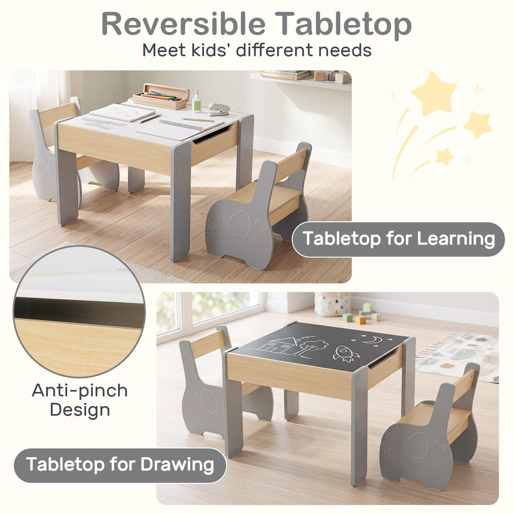3 in 1 Kids Table and Chair Set, Wood Multi Activity Table with Removable Tabletop Storage, Detachable Blackboard for