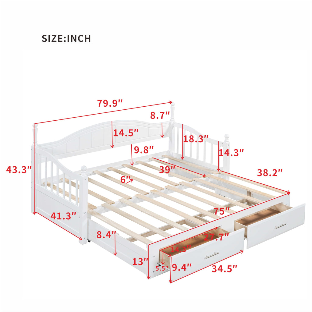 Multifunctional Extending Day Bed with Trundle & Drawers Twin to King Wood Sofa Bed with Headboard No Box Spring
