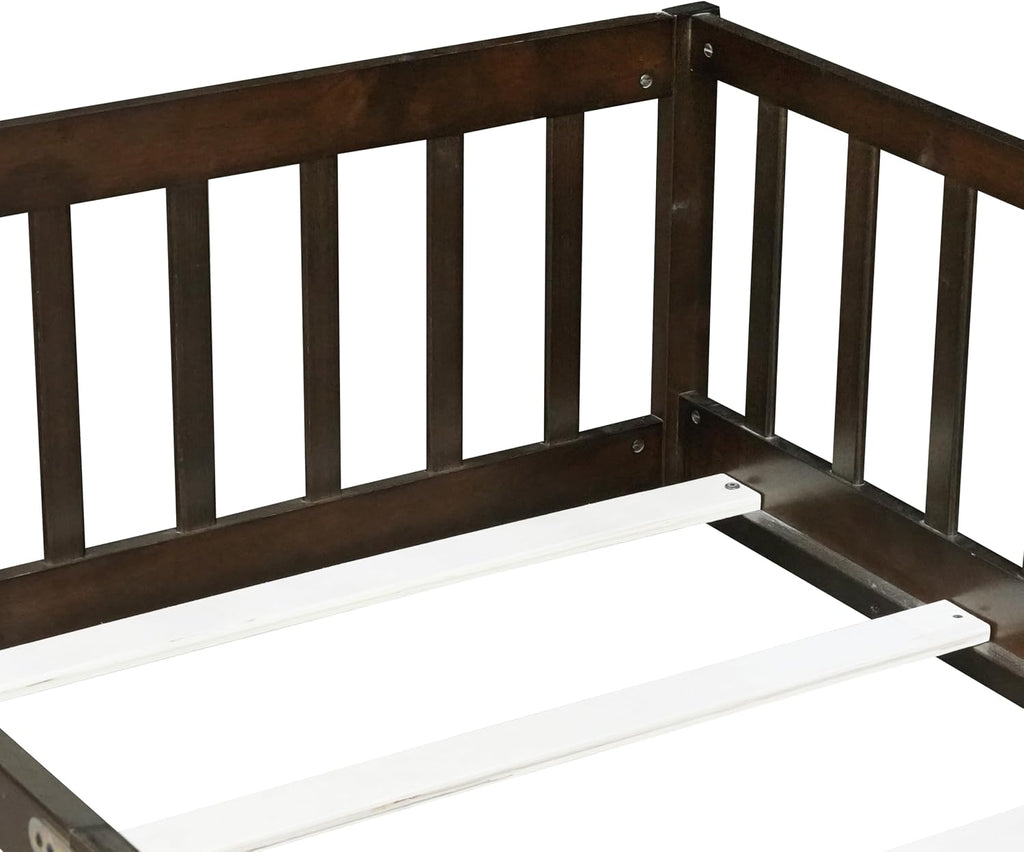 Twin Floor Bed with Fence & Slats, Rubber Wood Montessori Floor Bed Frame with Full-Length Guardrails & Removable