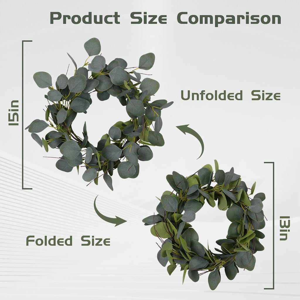 Eucalyptus Leaves Wreath Metal Polyester Green Wreath 15 Inches for The Front Door Décor, 1 Pack