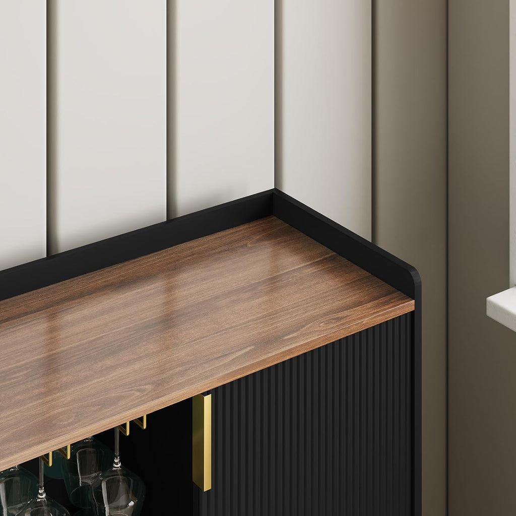 48" Wine Bar Cabinet with Fluted Texture, Buffet Sideboard, Black | Modern Storage Cabinet with Wine Rack & Glass