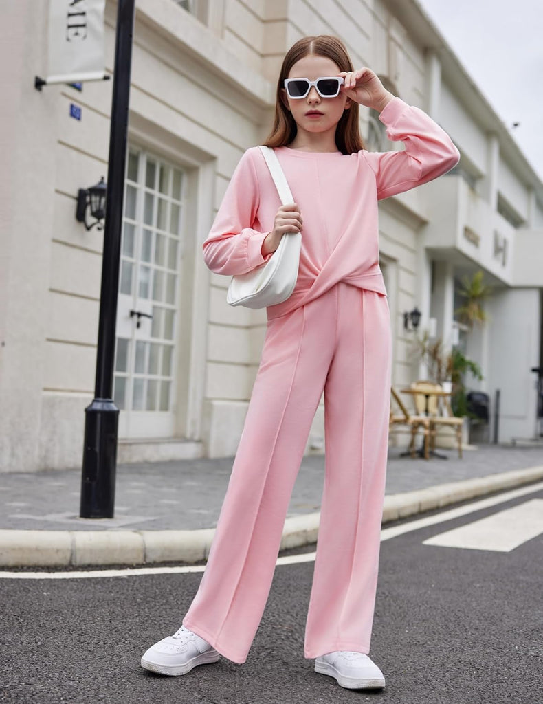 Girls 2 Piece Outfits Twist Front Sweatshirt Wide Leg Sweatpants