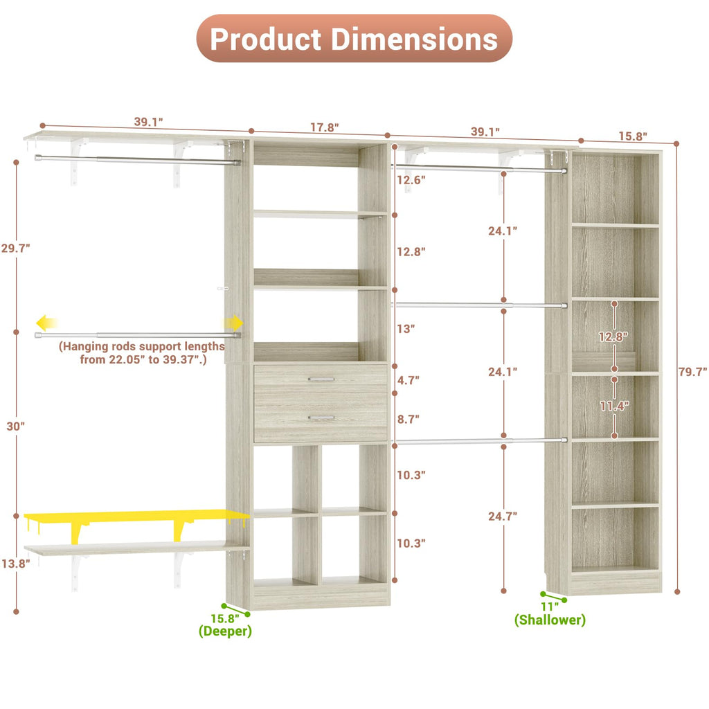Closet System - 9.4FT/112" Closet Organizer System with Wooden Drawers,Closet Systems for Walk-In Closets with Hang