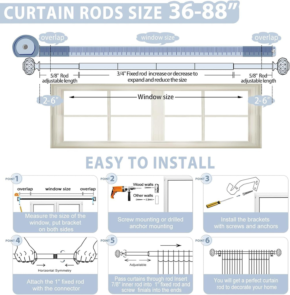 Gold Decorative Crystal Curtain Rods:36-88 Inch Heavy Duty Adjustable Window Curtain Rods for Bedroom Living Room