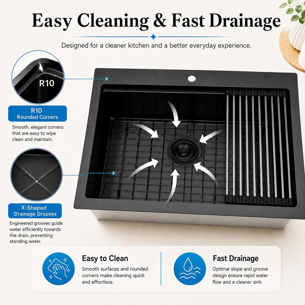 Black Drop Sink 33" X 22",Top Mount 16 Gauge Stainless Steel Workstation Sink,Deep & Large Single Bowl Kitchen Sinks