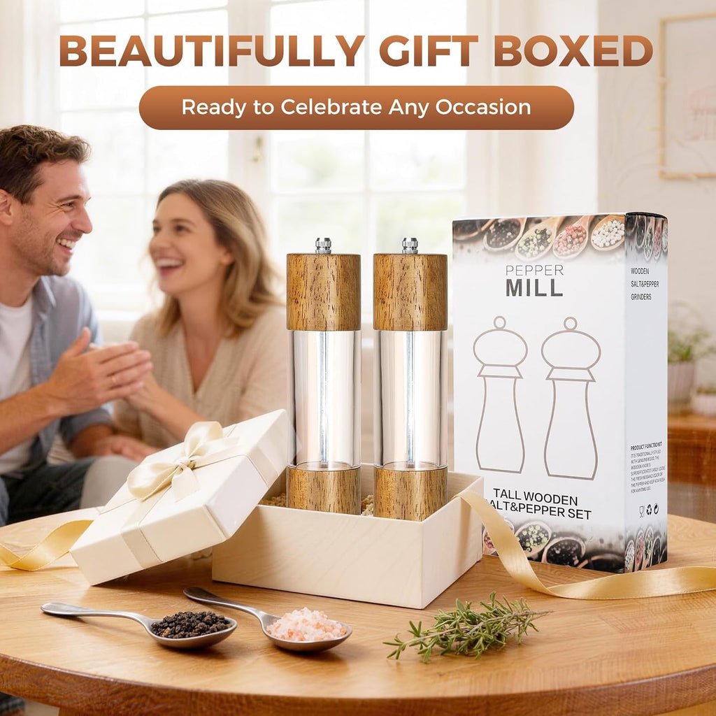 2-Pack Wooden Salt and Pepper Grinder Set - 8 Inch Manual Adjustable Ceramic Grinding, Refillable Acrylic Salt - Set of 2