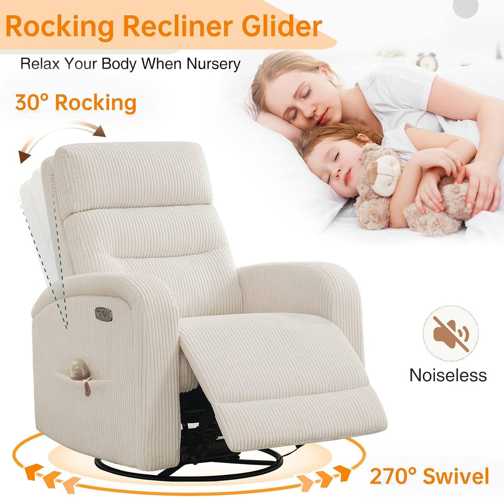 Power Swivel Rocker Recliner ,reclining rocking chair,CreamWhite | 270° Swivel Rocker with Type-C & USB Port Double