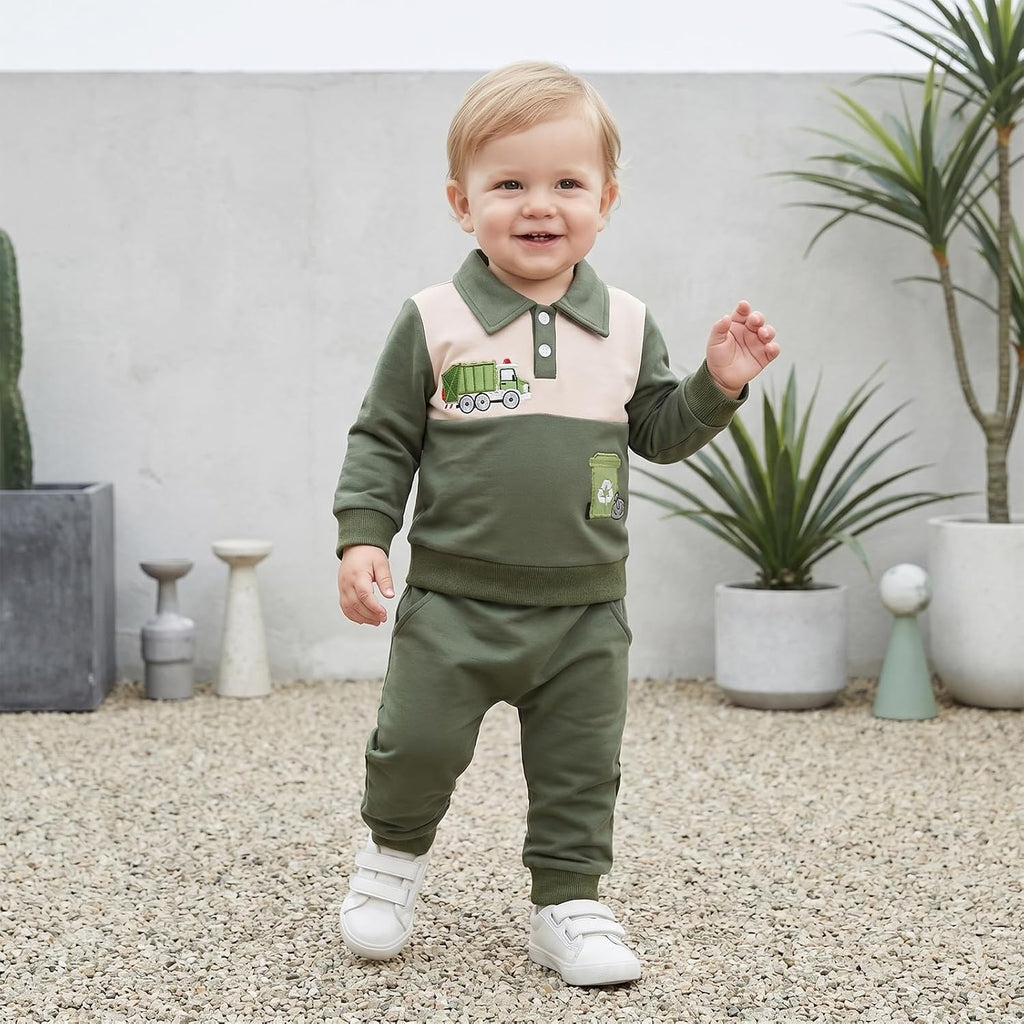Baby Boy Fall Clothes Toddler Winter Outfits Long Sleeve Contrast Lapel Truck Embroidery Sweatshirt + Pants Sets