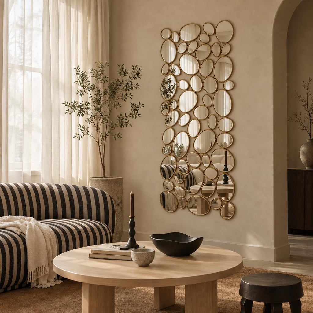 Gold Wall Mirrors Decorative - 51"x23" Large Modern Wall Mirror Decor, 55 Pieces Multi-Size Pebble Design Metal