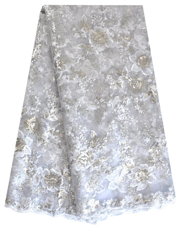 African Lace Fabric 5 Yards Sequins 2-Color Embroidery for Dress (White)