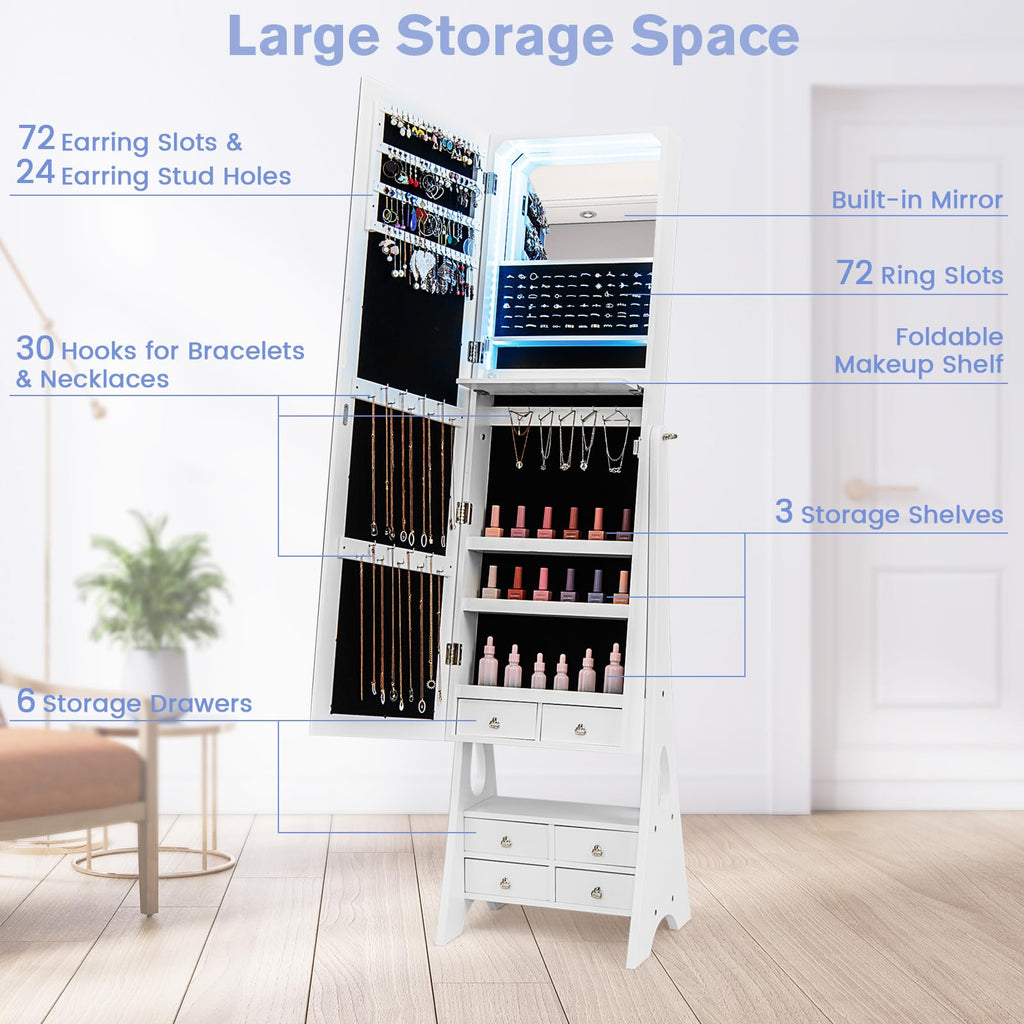 Standing Jewelry Armoire, Frameless Full Length Mirror, 6 Drawers