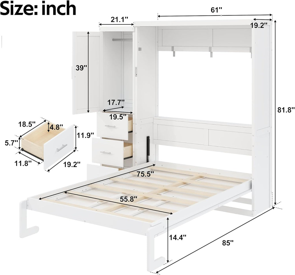 Folding Bed Cabinet Full with Storage, Hidden Murphy Bed with Drawers and Wardrobe, White