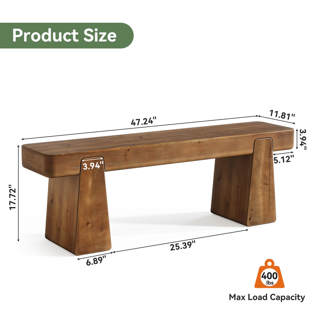 Solid Wood Bench, 47-Inch Farmhouse Wood Entryway Bench with Thickened Legs, Narrow Indoor Wooden Bench for Entry