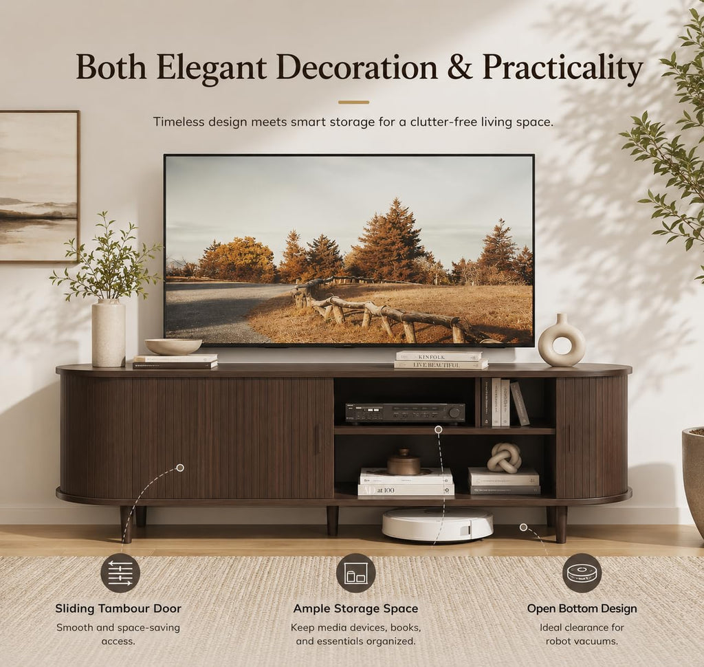 58" Mid-Century Modern TV Stand with Sliding Doors, TV Consoles with Power Outlet, Fluted Entertainment Center with