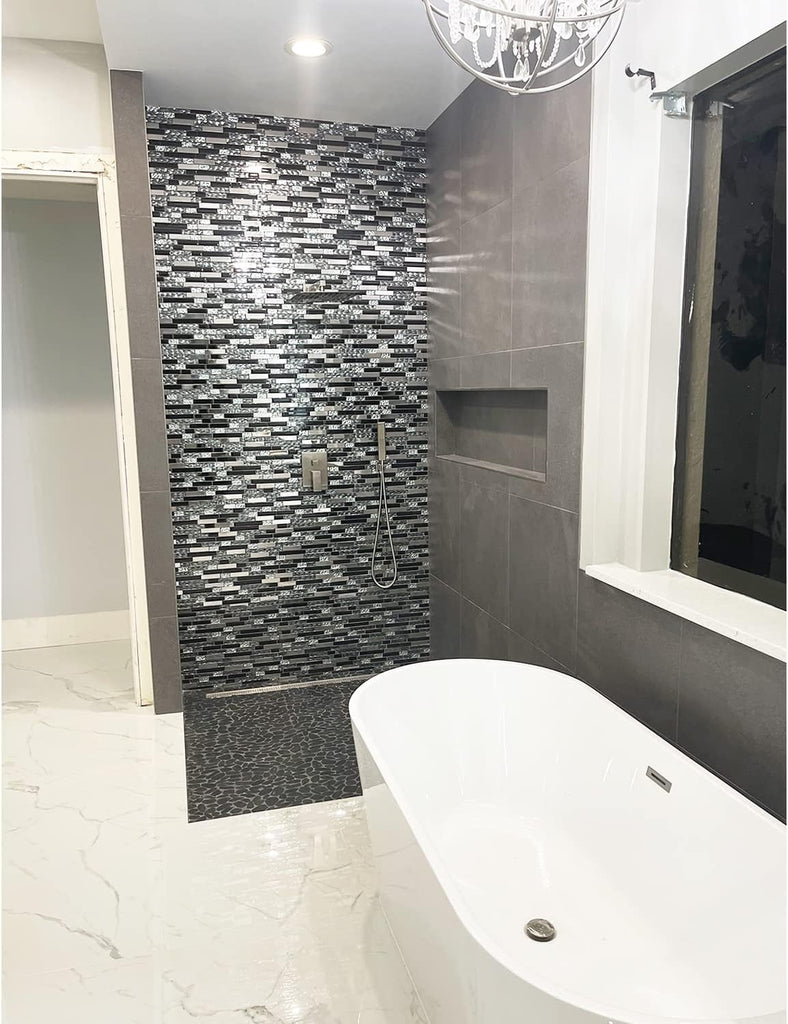 Glass Metal Art Mosaic Silk Black Crystal Glass Chrome Silver Steel Accent Wall Border Kitchen Bath Backsplash Tile