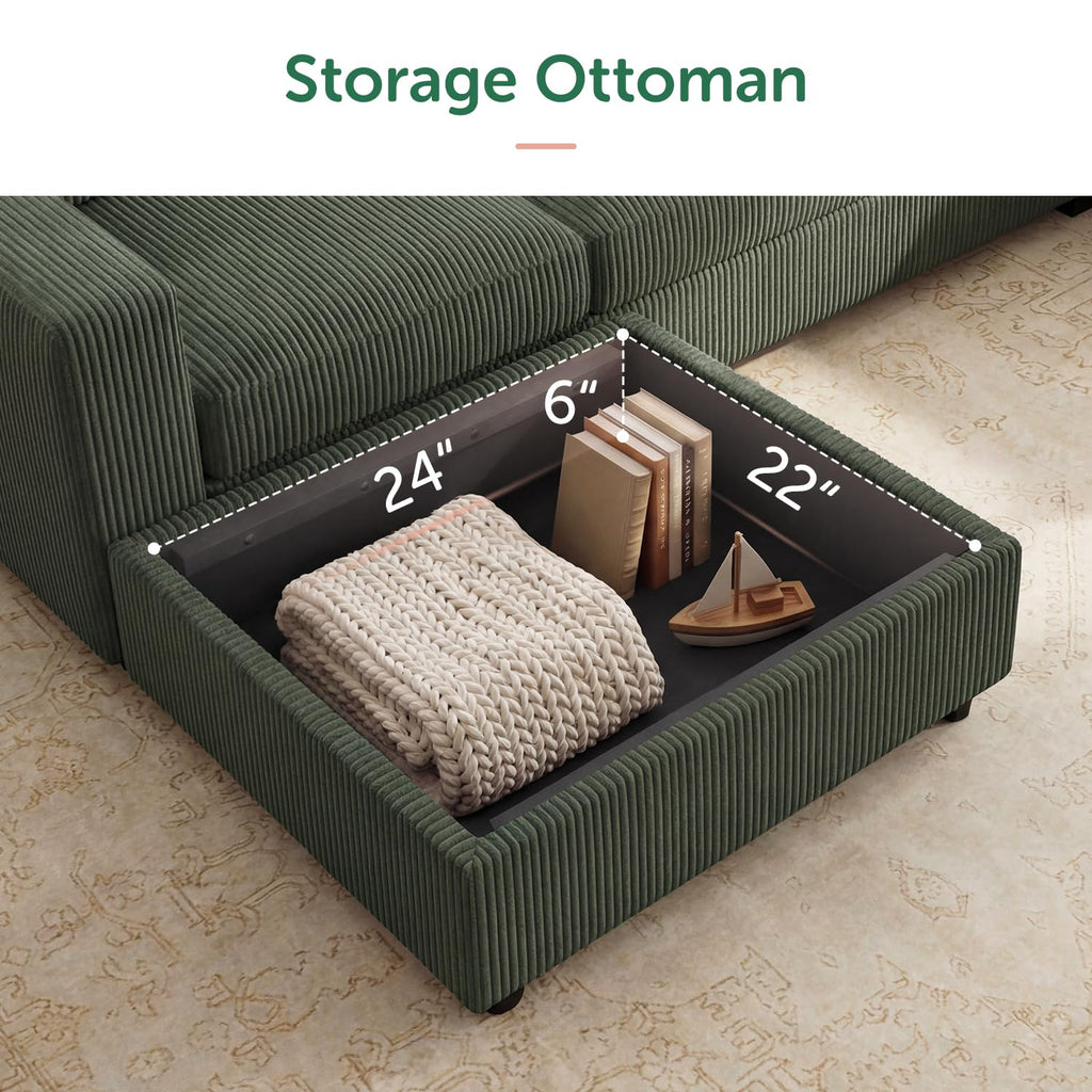 Corduroy Sectional Sofa with Storage Ottoman, 6 Seaters L Shaped Small Sectional Couch, Green