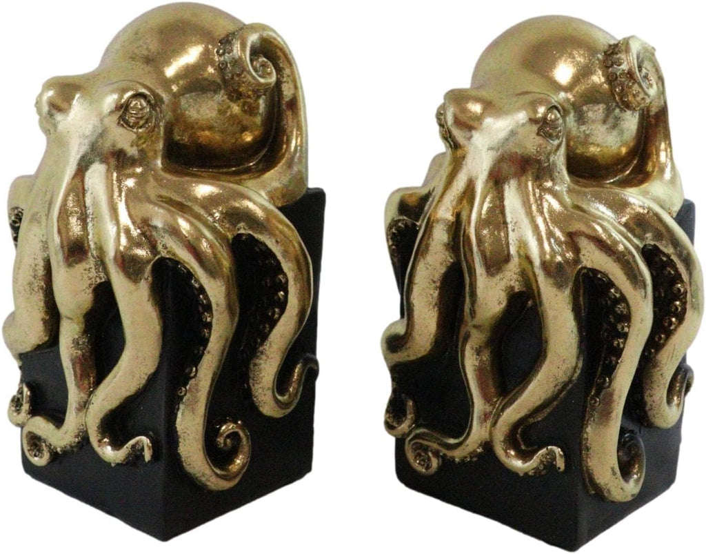 Contemporary Gold Color Octopus Light Duty Bookends Statue Set Nautical Coastal Resin Decorative Office Study-Room