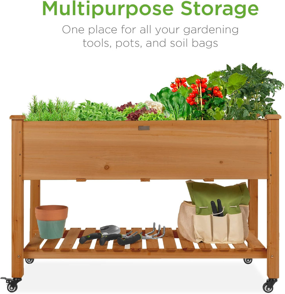 Raised Garden Bed 48x24x32-inch Mobile Elevated Wood Planter w/Lockable Wheels, Storage Shelf, Protective Liner