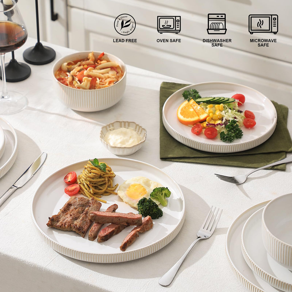 24 Piece Ceramic Dinnerware Sets for 8, White Plates and Bowls Set