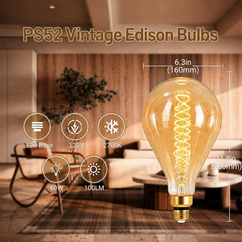 2700K PS52/PS160 Oversized Warm Edison Light Bulbs 60W