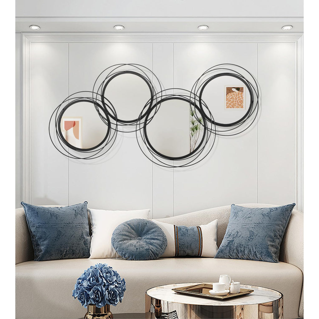 Black Wall Mirror Set, Metal Framed Round Mirror 4 Pack Circle Modern Decorative Mirrors Bedroom Bathroom Entryway