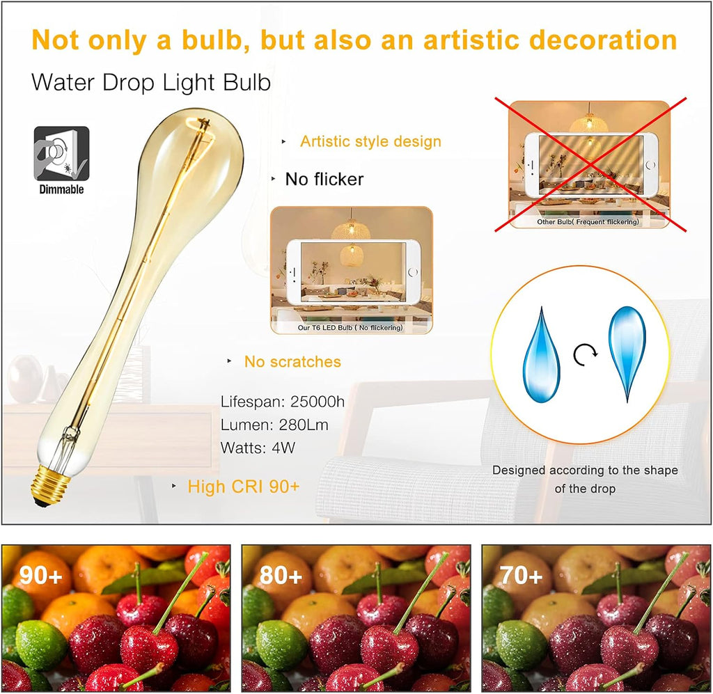 Decorative Oversized Edison Light Bulbs with E26 Base, Amber Glass, 4W Warm White 2200K, Dimmable, Large Led Filament