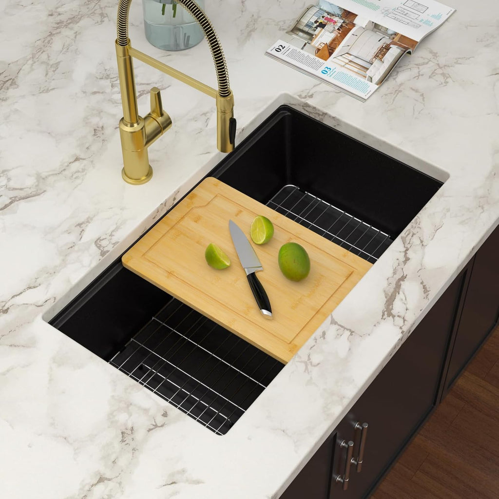 Black Granite Composite Undermount Kitchen Sink Workstation - 30 Inch Matte Black Quartz Undermount Single Bowl
