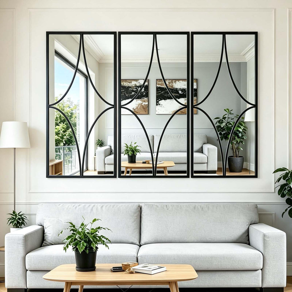 Set of 3 Black Wall Mirrors, Modern Geometric Decorative Mirror Set with Curved Line Design, Contemporary Wall Mirror
