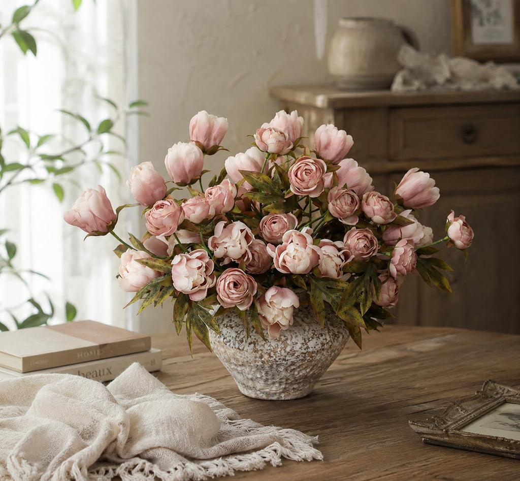 Faux Silk Peony Artificial Flowers Stems for Vase, 18" Ombre Pink - Set of 7
