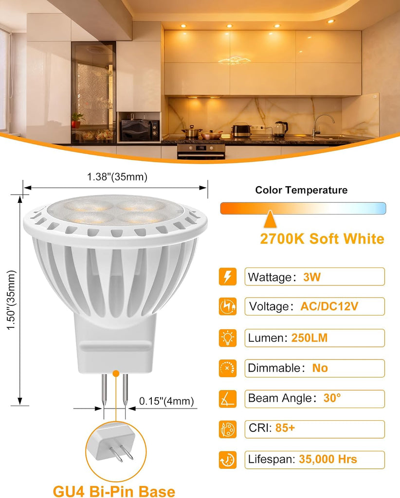 MR11 3W LED Bulbs, Warm White 2700K, 6-Pack