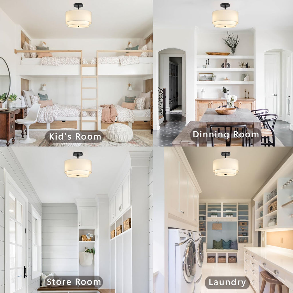 3-Light Semi Flush Mount Ceiling Light Fixture, 12.6inch Modern Close to Ceiling Light with 2-Layer White Drum Fabric