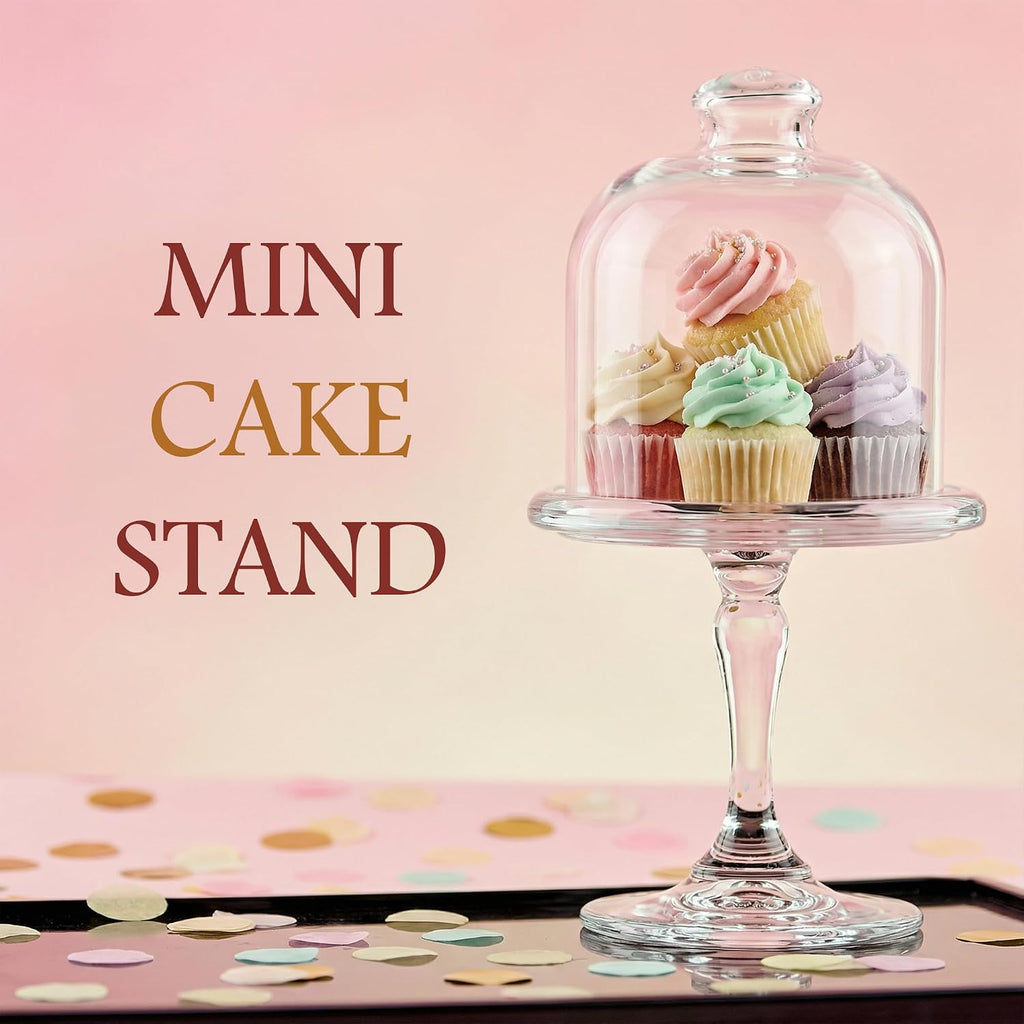 Mini Glass Cake Stand with Dome Lid - Small Pedestal Dessert Stand with Cover, Clear Glass Cupcake & Cookie Display