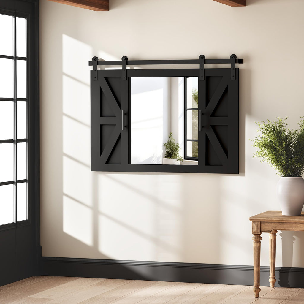 Farmhouse Barn Door Mirror - 37" x 26" Wall Mirror Rustic Black