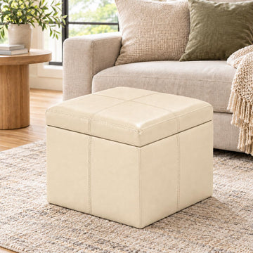 Modern Faux Leather Cube Storage Ottoman Bench, Warm Beige, Sturdy Footrest with Hidden Storage - 17.3" Cube