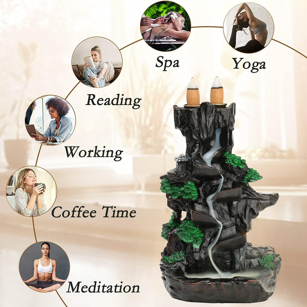 Mountain Incense Burner, Backflow Incense Holder with Cones and Sticks - Set of 5