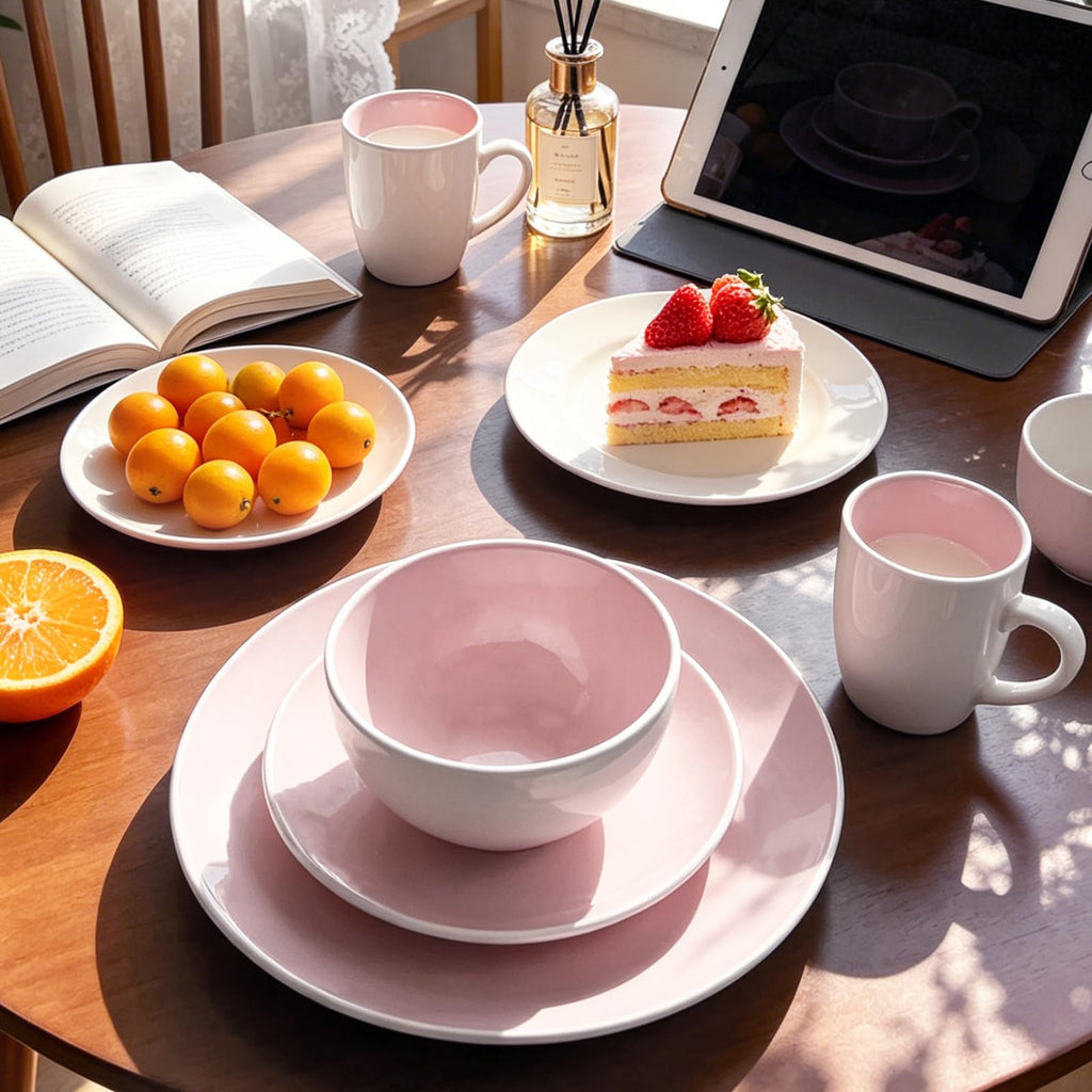 Stoneware Coupe Shape 16pc Dinnerware Set, Outside White + Inside Pink